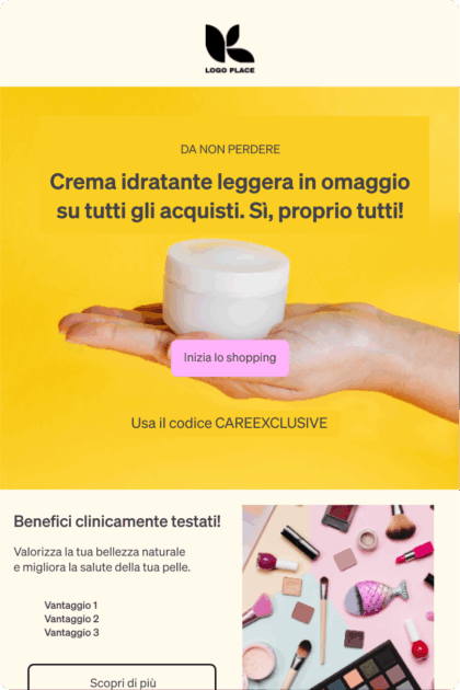 Promozione di una crema idratante leggera in omaggio con acquisti. Include codice CAREEXCLUSIVE e immagini di cosmetici.