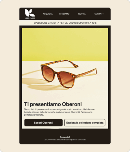 Occhiali da sole tartarugati con lenti marroni su sfondo giallo. Testo promozionale per il modello Oberoni.