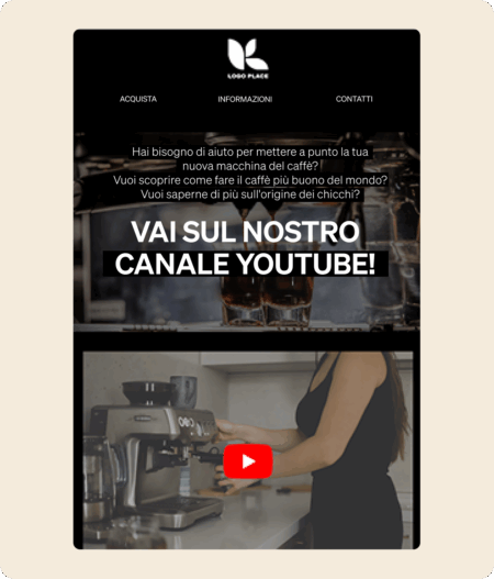 Pagina web con testo promozionale per un canale YouTube sul caffè. Mostra una persona che usa una macchina da caffè.