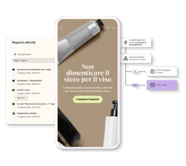 Schermata di un'app con un registro attività a sinistra e un promemoria per completare l'acquisto di un siero per il viso al centro.