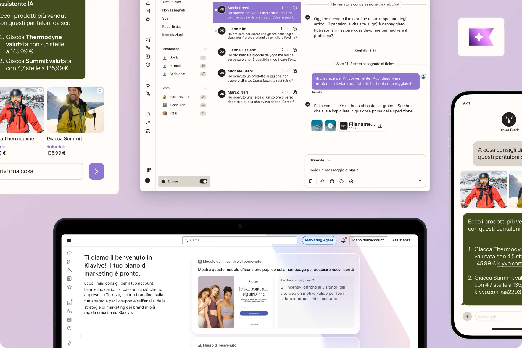 Interfaccia utente di un'applicazione di messaggistica e marketing, con chat, suggerimenti di prodotti e moduli di iscrizione.