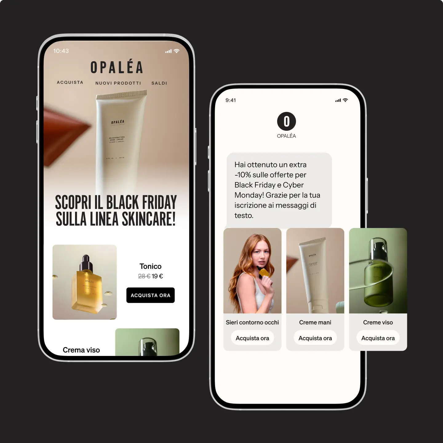 Due smartphone mostrano un'app di shopping Opaléa con offerte Black Friday su prodotti skincare.