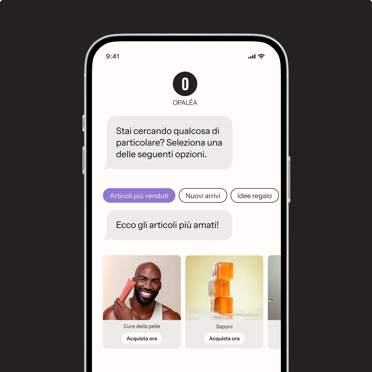 Schermata di un'app di shopping con opzioni di ricerca, categorie di prodotti e immagini di articoli per la cura della pelle e saponi.