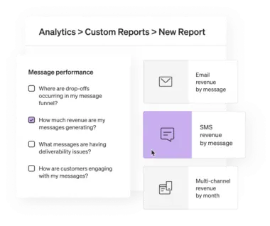 Klaviyo product screen showing the ability to create custom reports, with “SMS revenue by message” selected