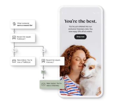 A product illustration shows a flow that's triggered when someone earns a new reward tier. By its side, a phone screen displays an email announcing their new reward tier.