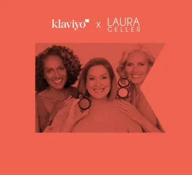 The logos of Klaviyo and beauty brand Laura Geller. Three smiling women holding up cosmetics.