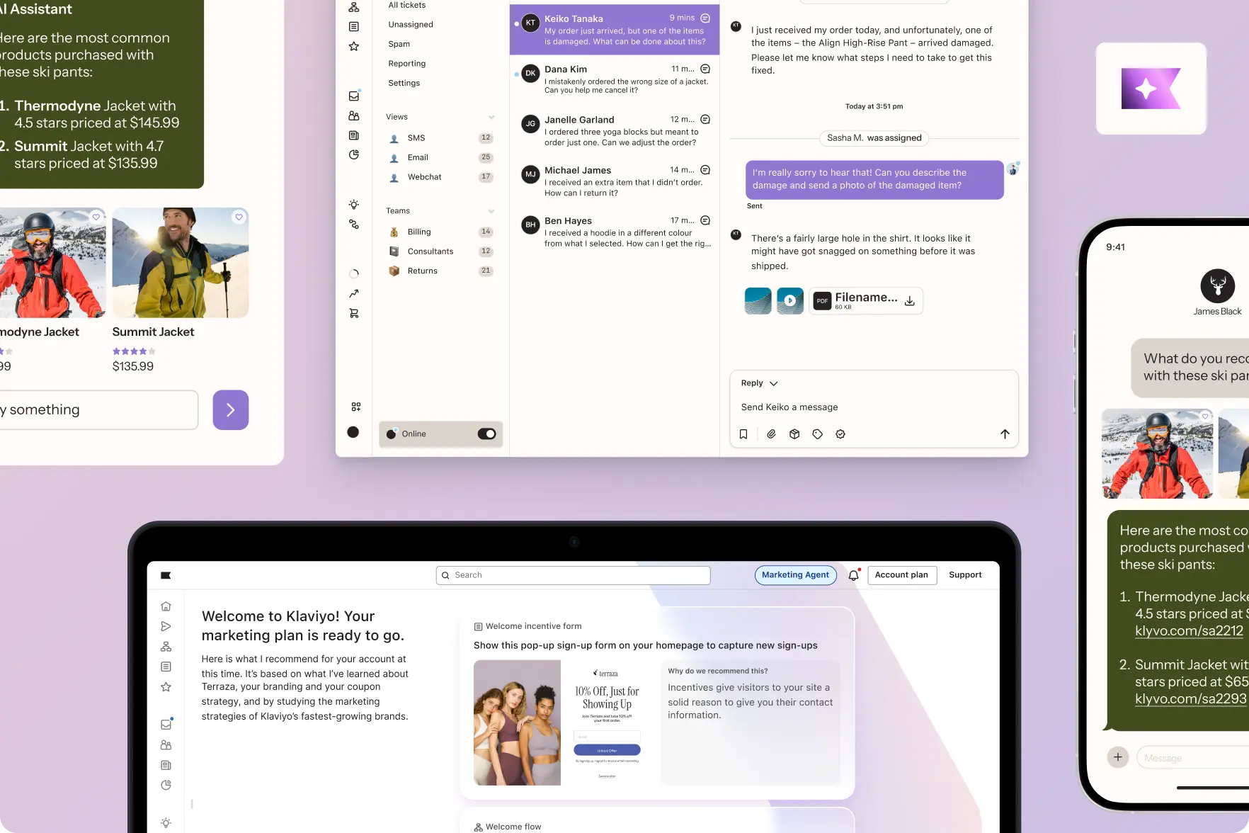 A digital interface showing a customer support chat, product recommendations for jackets, and a marketing dashboard with a pop-up sign-up form.