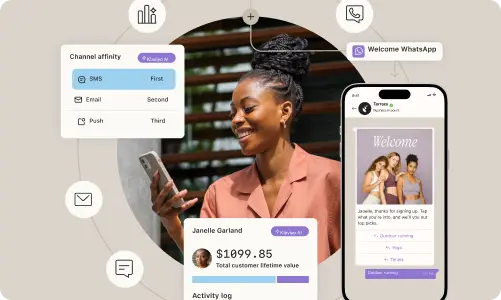 Woman smiling at phone, surrounded by digital marketing icons and data, including channel affinity and customer lifetime value.