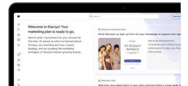 Klaviyo marketing dashboard with a welcome message and pop-up sign-up form offering a 10% discount.