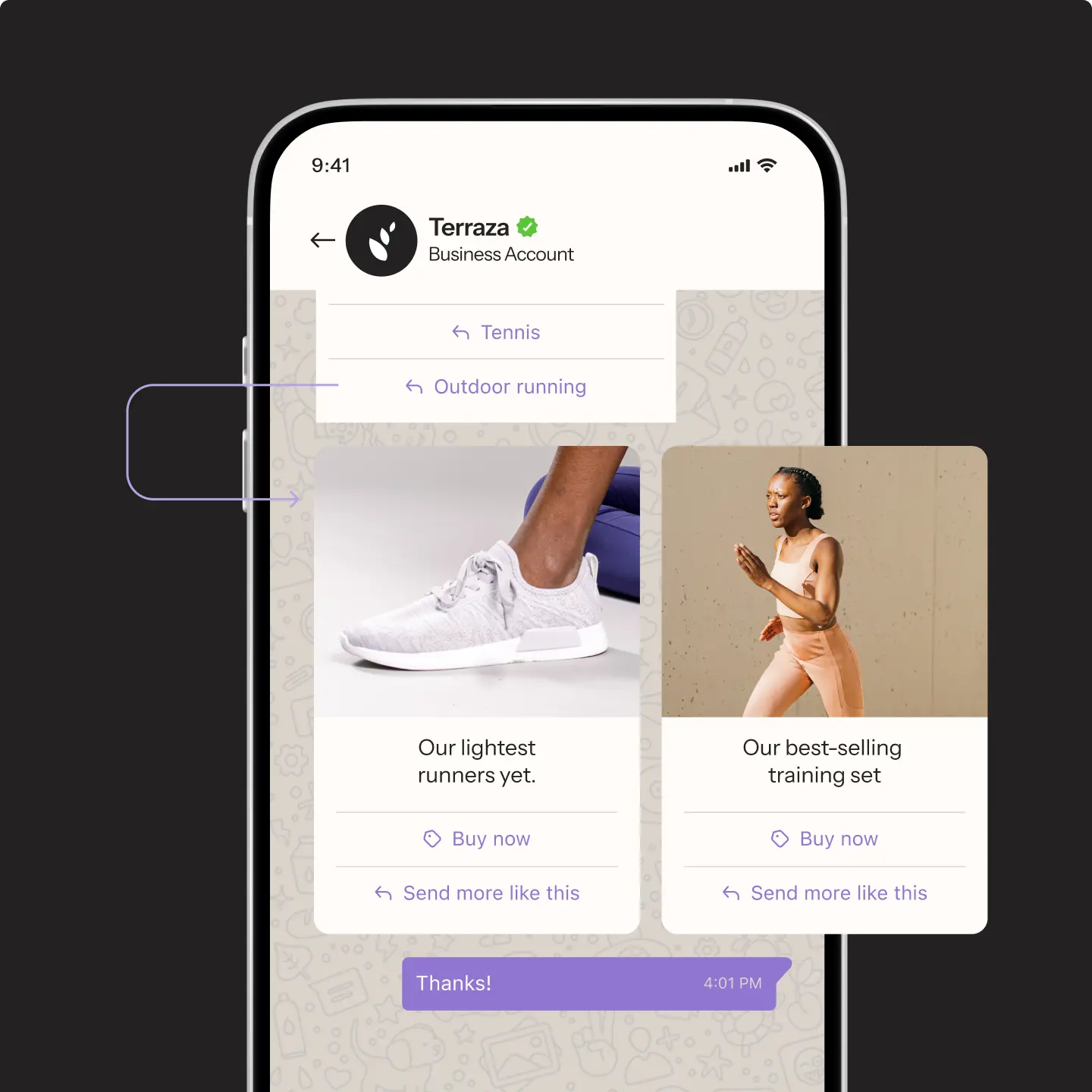 Mobile app screen showing a business account named "Terraza" with options for tennis and outdoor running. Features images of running shoes and a woman jogging.