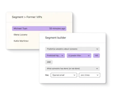 Graphic represents a Klaviyo user creating a segment called "Former VIPs" using the Klaviyo segment builder.