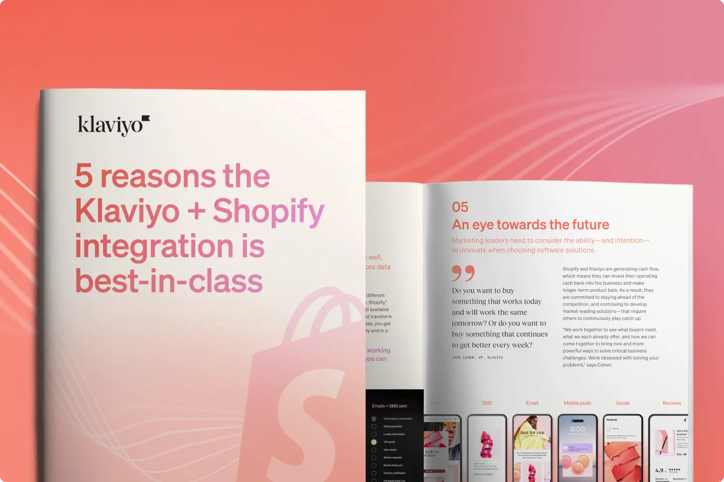 Brochure titled "5 reasons the Klaviyo + Shopify integration is best-in-class" with an open page discussing future innovation.