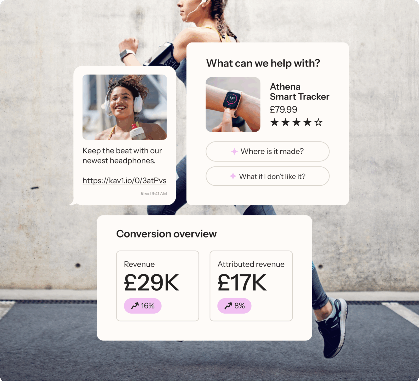 Woman jogging with smart tracker and headphones. Text includes product info for Athena Smart Tracker and conversion overview.