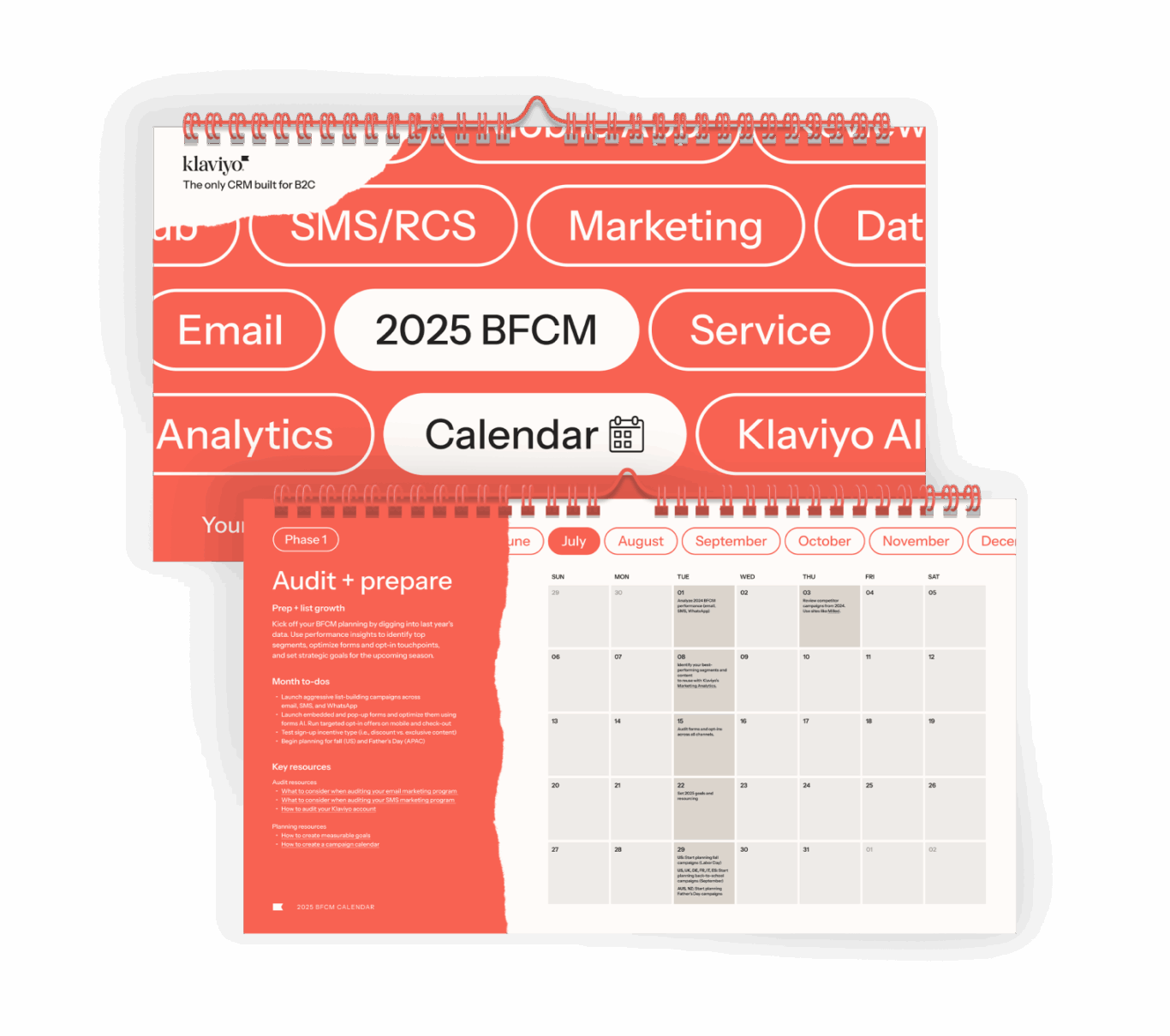 Klaviyo 2025 BFCM calendar with marketing terms like SMS/RCS, Email, and Analytics. Open page shows July with planning tips.