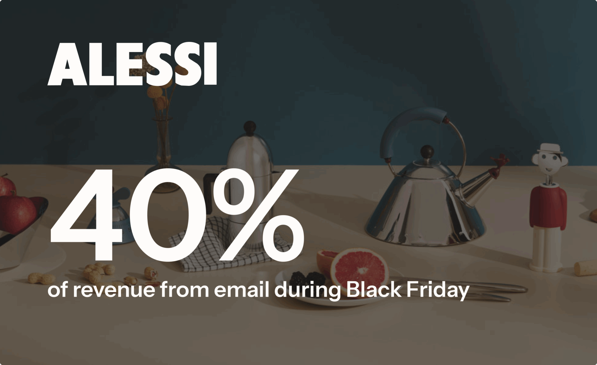 Alessi kitchen items on a table with text: "40% of revenue from email during Black Friday".