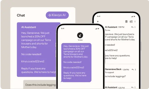 Three mobile screens display a chat with Klaviyo AI, offering a 20% discount on Terra trousers and shorts for Mother's Day.