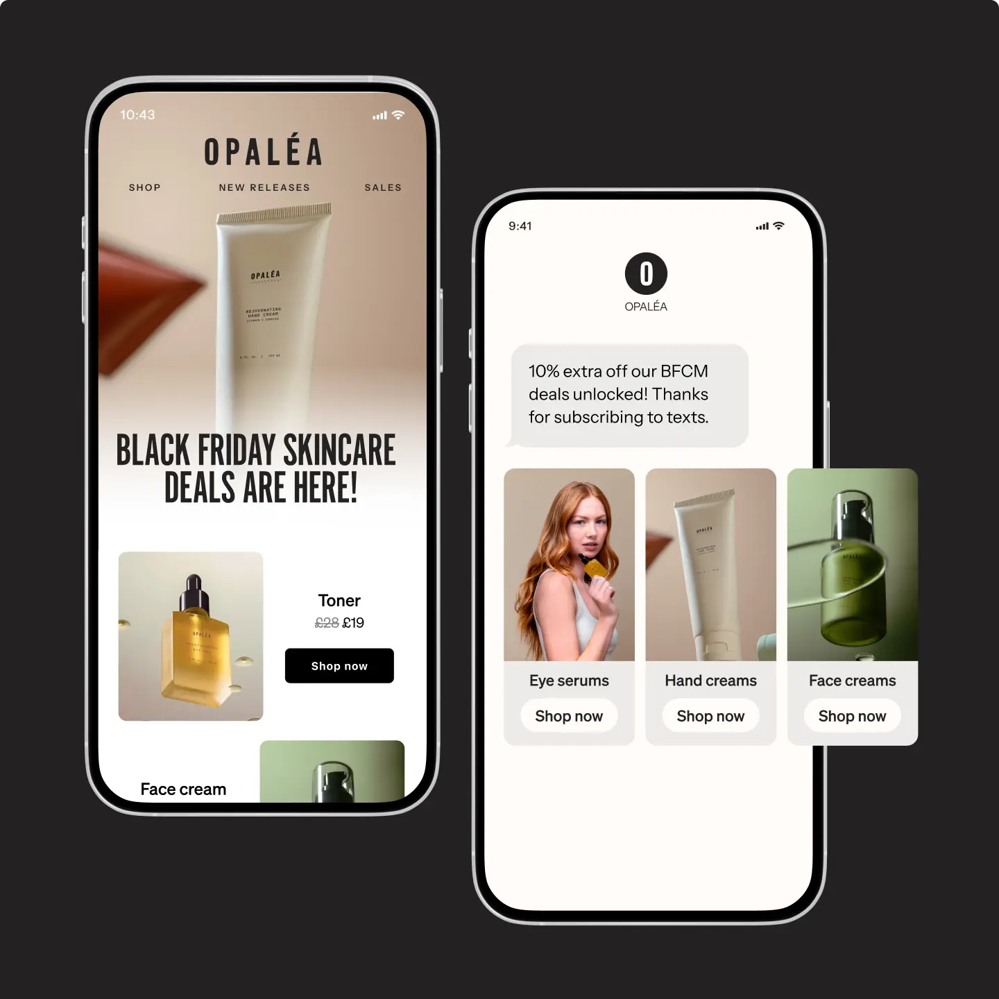 Two smartphones display Opaléa skincare Black Friday deals, featuring products like toner, eye serums, and face creams.