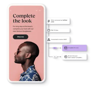 a phone showing an email that says "Complete the look" over a profile of a person wearing sunglasses, next to a platform flow showing how that email was triggered
