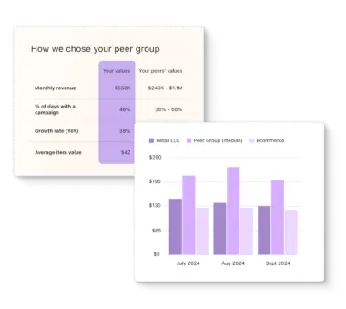 Benchmark charts comparing a brand’s performance to its peer group and industry, along with metrics the peer group is based on.