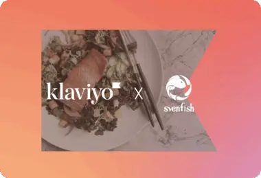 Klaviyo and Svenfish logos over a plate of salmon salad on a gradient background.