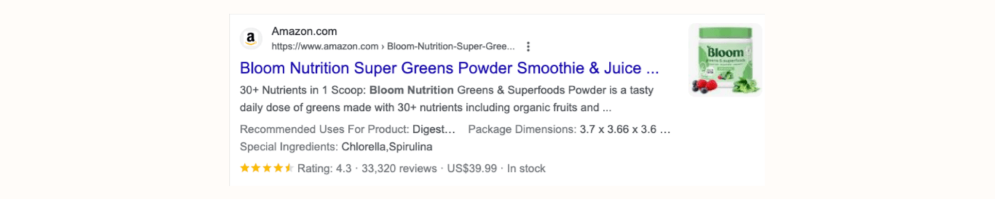 Image shows a Google Shopping result for Bloom powder. To the right is a small image of a green Bloom powder container and beside it is a 4.3 star customer rating with copy to describe the ingredients and features of the product.