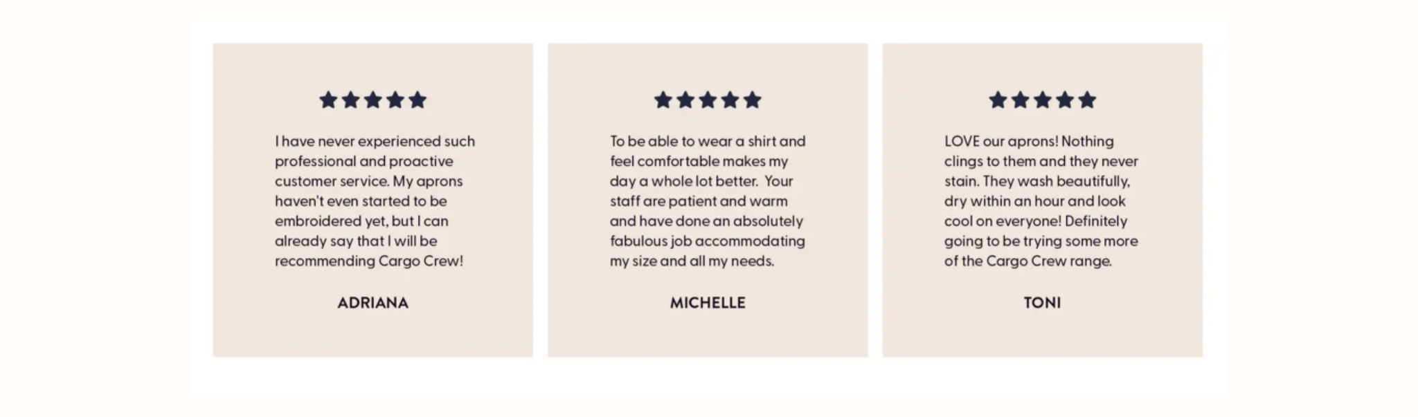 Image shows 3 customer reviews in one row against a beige background. Each starts with a 5-star rating in navy blue with a customer review from Adriana, Michelle, and Toni underneath.