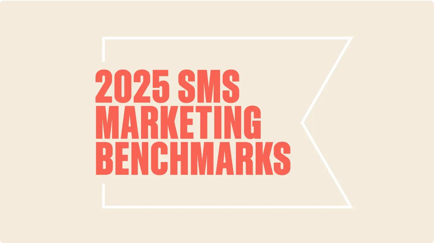 "2025 SMS Marketing Benchmarks" in poppy against tan background and white outlined Klaviyo flag