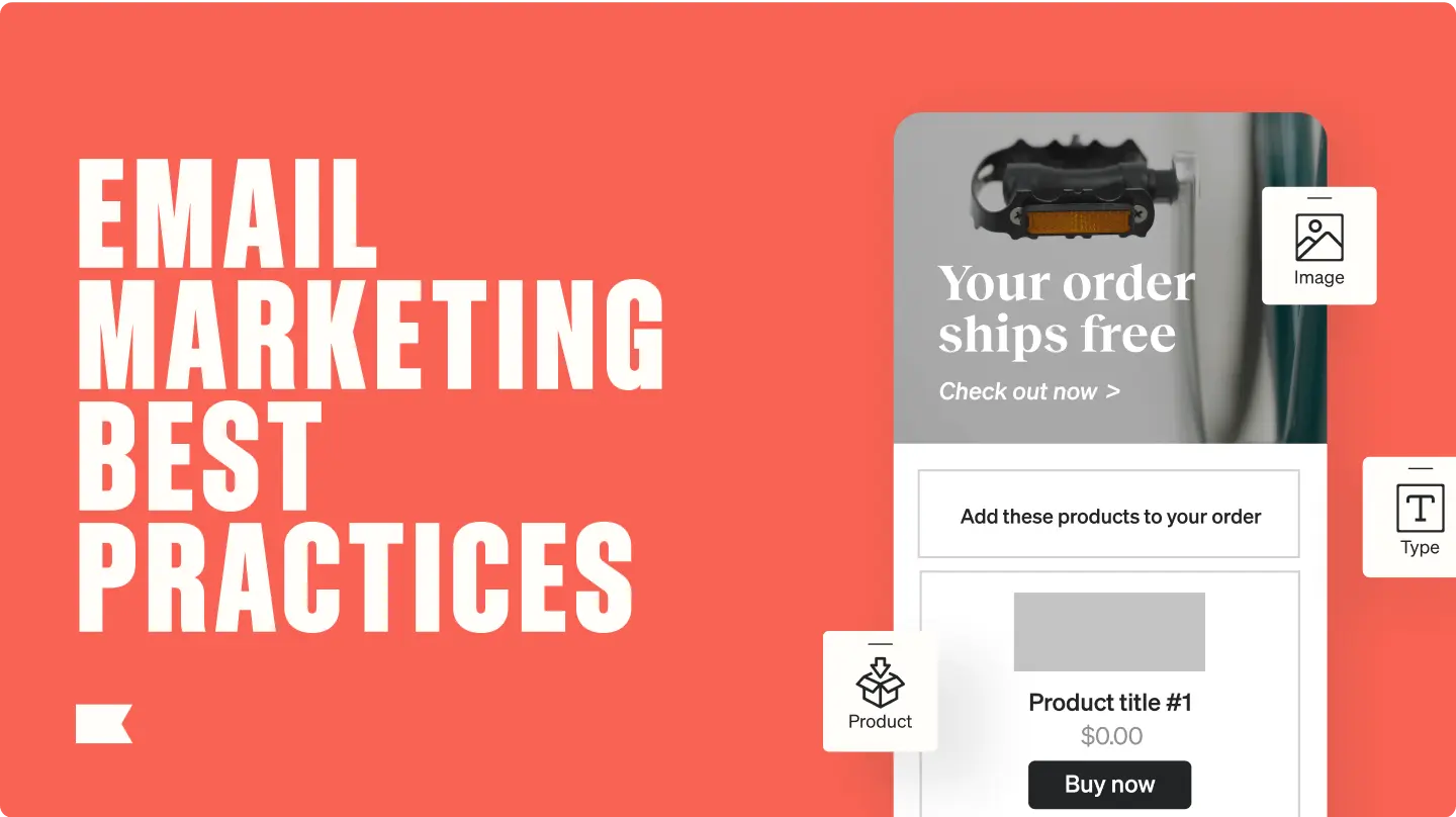 The text "Email marketing best practices" against a poppy background and next to a product illustration showing UI elements for building an email