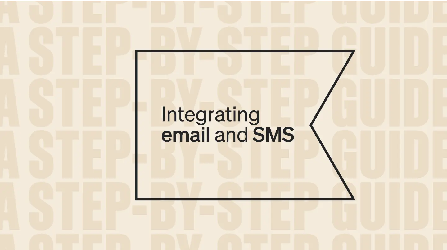 "Integrating email and SMS" in black outlined Klaviyo flag against tan background with the repeating words "A step-by-step guide"