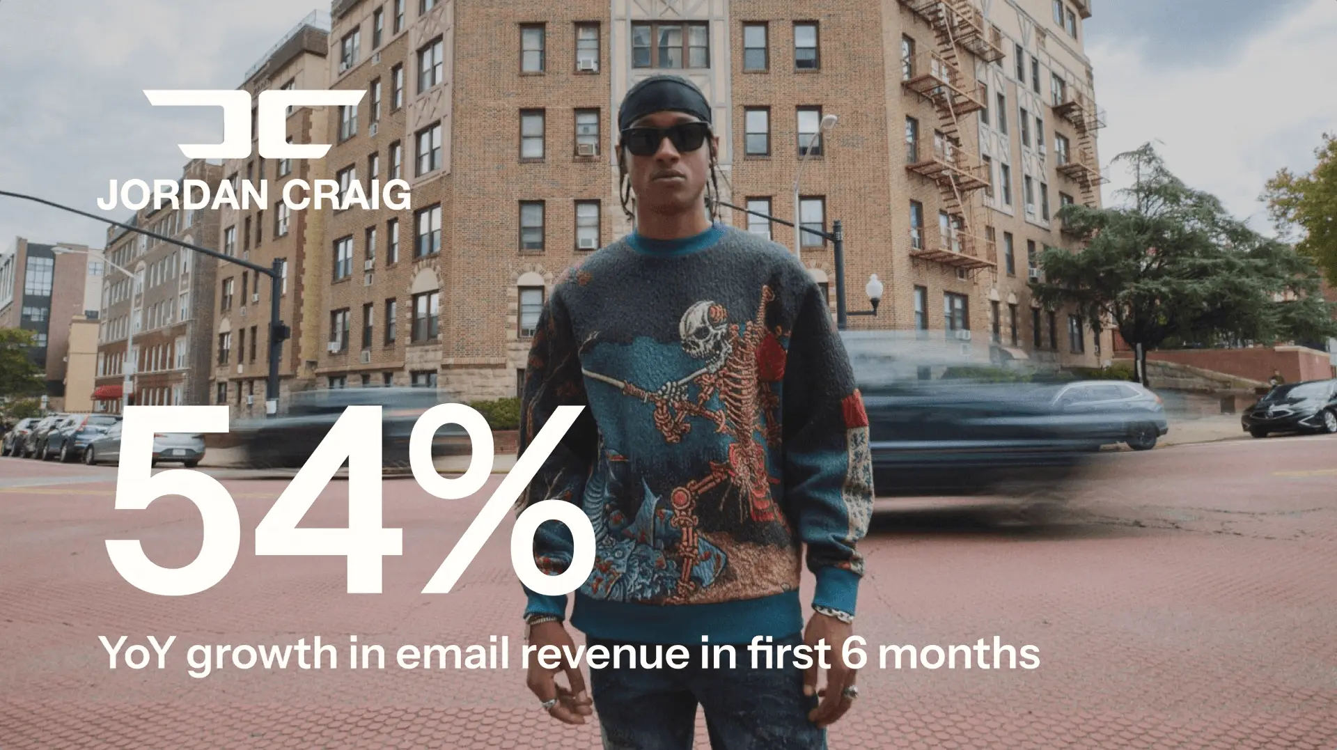 Jordan Craig logo over image of person standingon a street in sunglasses and a sweater, with the words "54% YoY growth in email revenue in first 6 months"