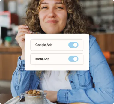 A product illustration shows switches that activate syncing with Google Ads and Meta Ads.