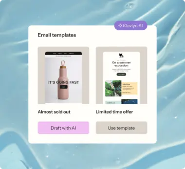 Product snippet showing the Klaviyo AI "email templates" screen showing options to Draft with AI or use template, against a blue wavy background