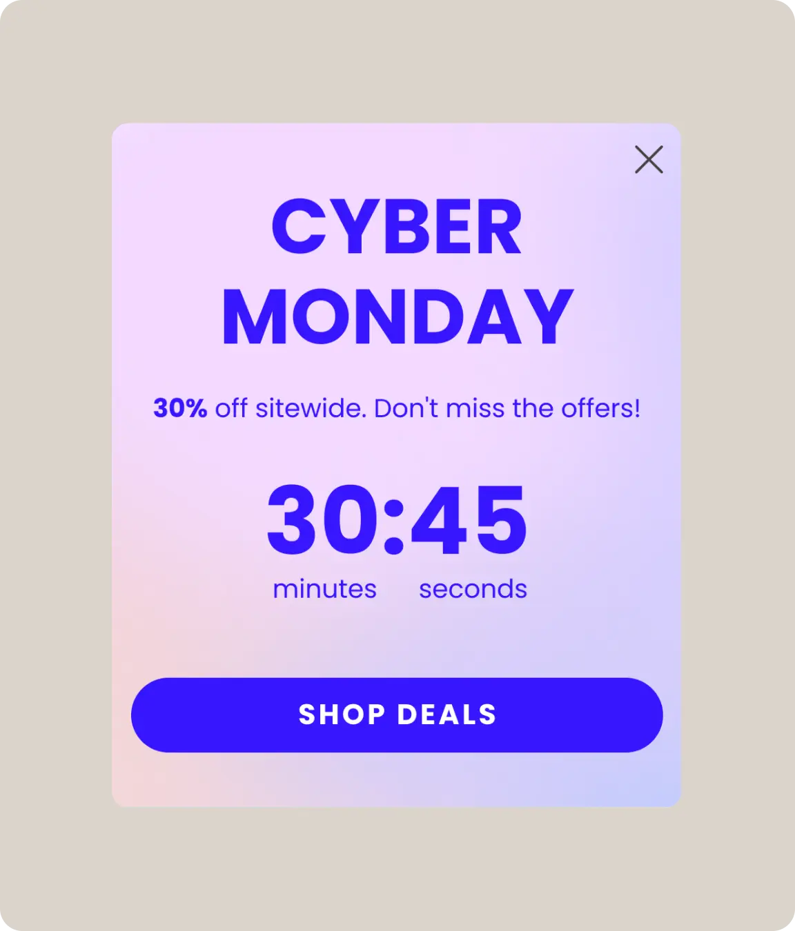 A Cyber Monday promotional pop-up with a purple gradient background offering 30% off sitewide with a ‘Shop deals’ button.
