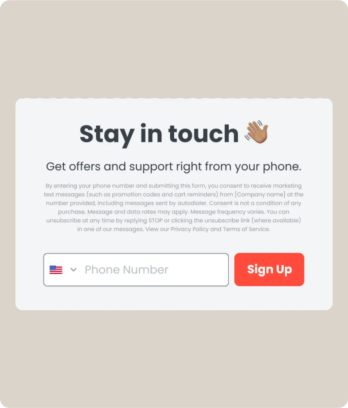 SMS sign-up form encouraging users to ‘Stay in touch’ with field to enter phone number, disclaimer text, and a ‘Sign up’ button.