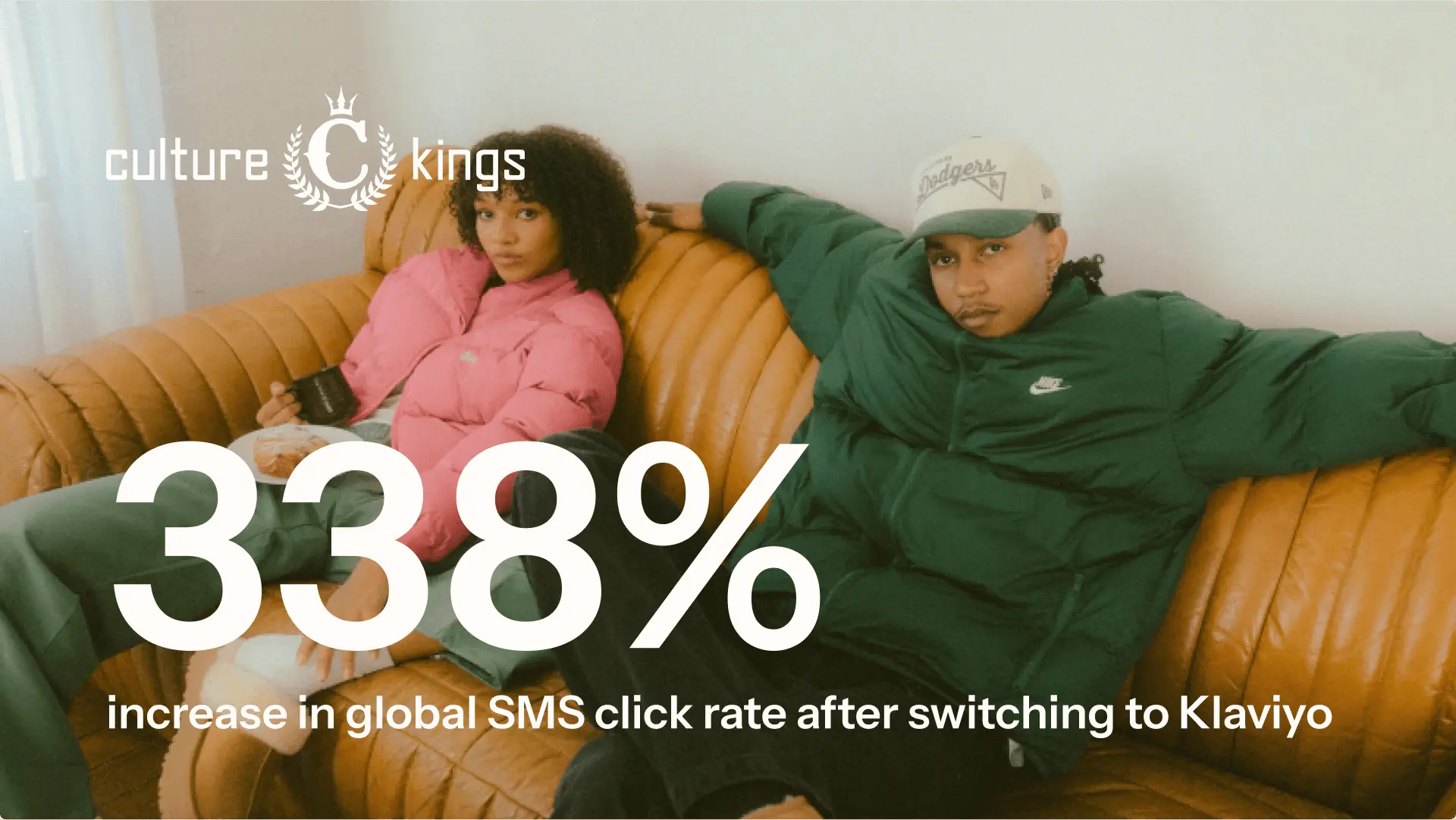 Photograph of Culture Kings products with white text that reads "338% increase in global SMS click rate after switching to Klaviyo."