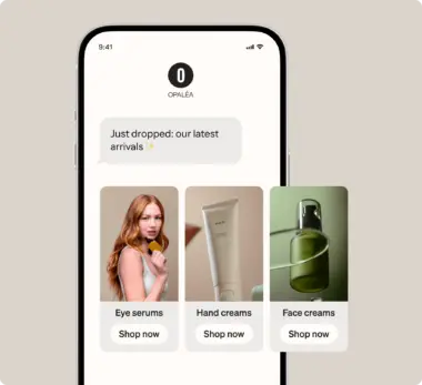 A phone screen shows the OPALÉA app with a message about new arrivals and product cards for eye serums, hand creams, and face creams, each with a “Shop now” button.