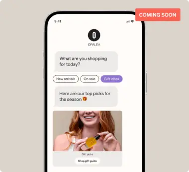 A phone screen shows the OPALÉA app with shopping options like “New arrivals” and “Gift ideas.” A featured card shows a woman holding a bottle, labeled “Gift picks,” with a “Shop gift guide” button. A “Coming Soon” tag is in the corner.