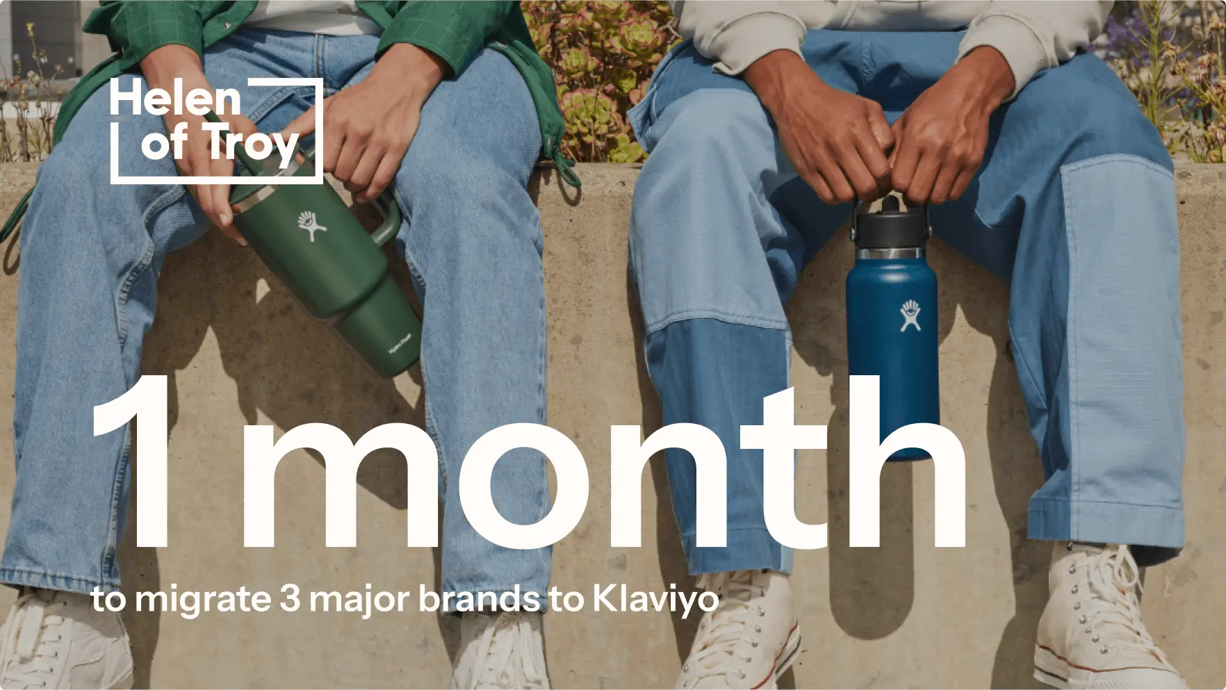 Photograph of Helen of Troy products with white text that reads "1 month of migrate 3 major brands to Klaviyo."