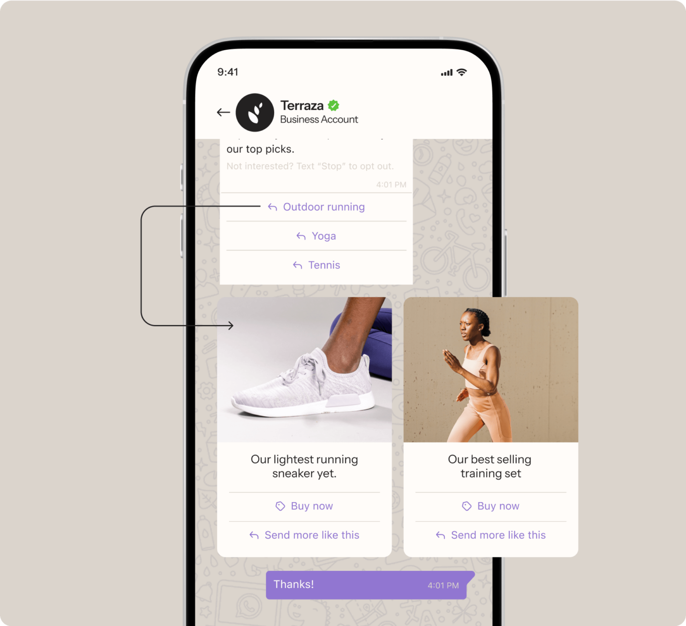 Phone showing interactive WhatsApp message with the ability to select products and "but now" right from the message