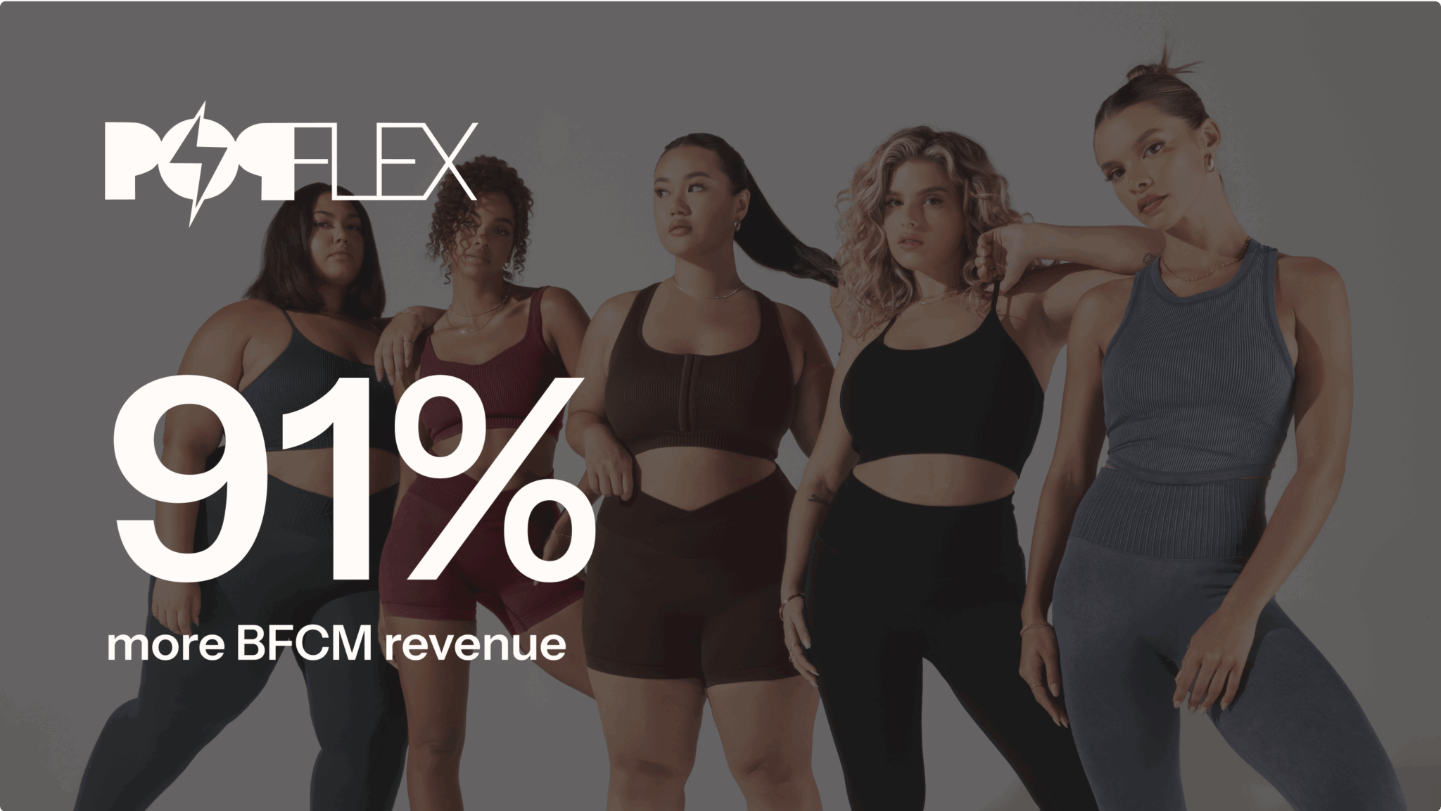 POPFLEX logo with five women in activewear. Text: "91% more BFCM revenue.