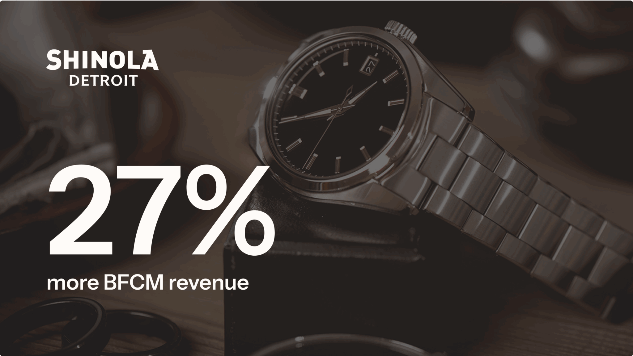 Shinola Detroit watch with text: "27% more BFCM revenue.