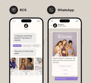 Two smartphones display messages from Terraza on RCS and WhatsApp, showcasing product categories and a welcome message.