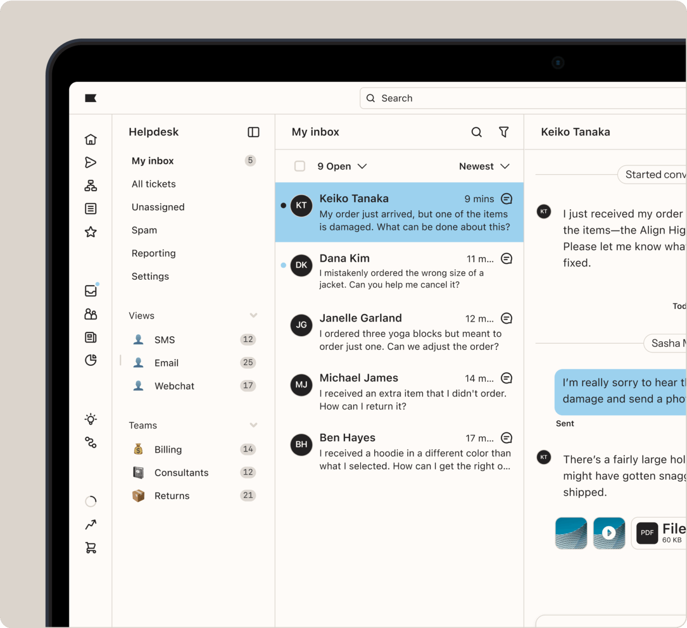Helpdesk interface showing a list of customer inquiries in an inbox. Selected message from Keiko Tanaka about a damaged order.