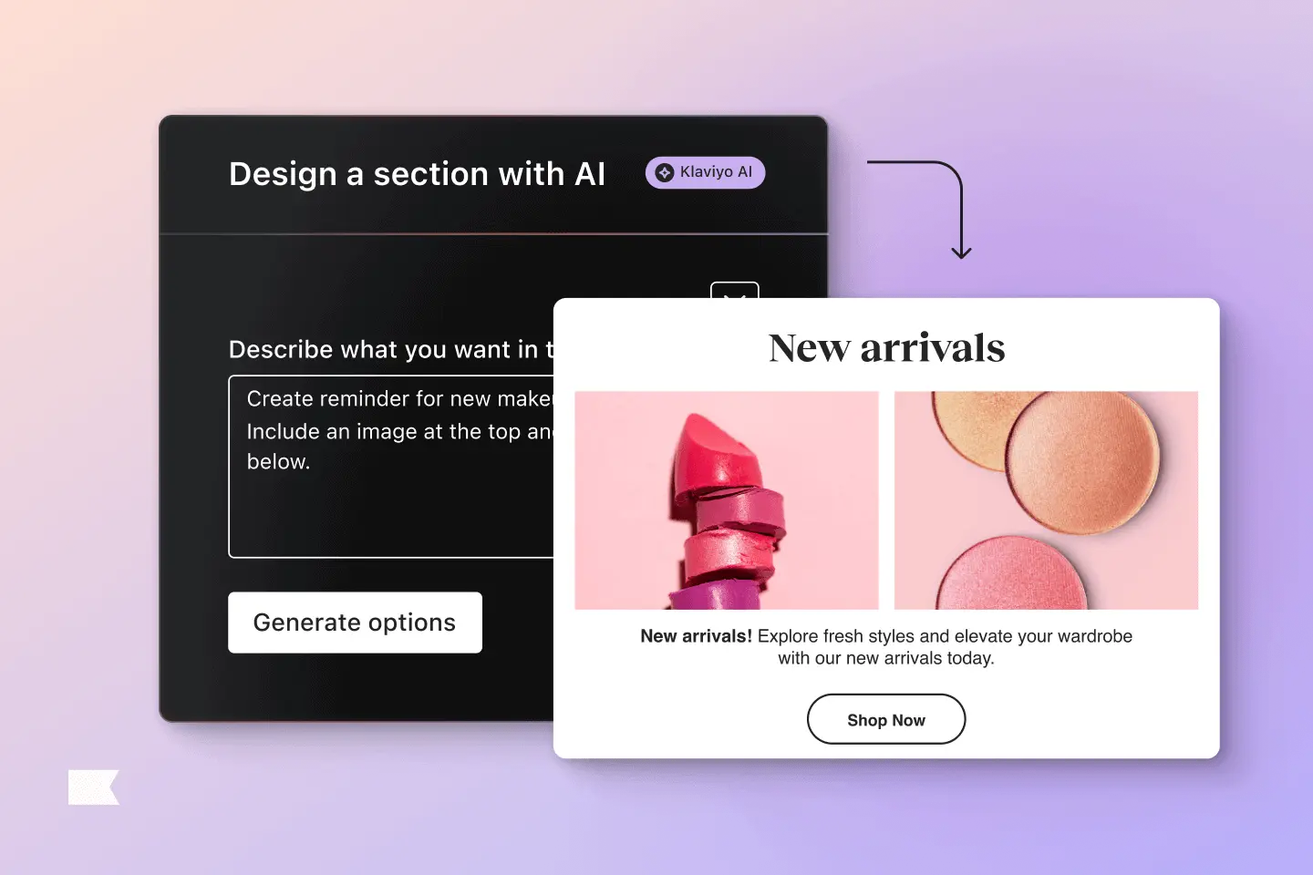 AI tool interface for designing marketing sections, featuring a "New arrivals" makeup ad with lipstick and blush images.