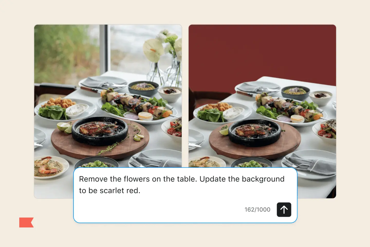 Two side-by-side images of a table with food. Left: flowers and outdoor view. Right: no flowers, scarlet red background.