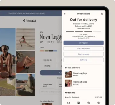 Online shopping interface showing "Nova Leggings" product page and order details for delivery, including options to track or return.