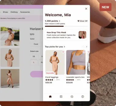 Shopping app interface showing a welcome message for Mia, loyalty points, and clothing recommendations, including coral leggings.