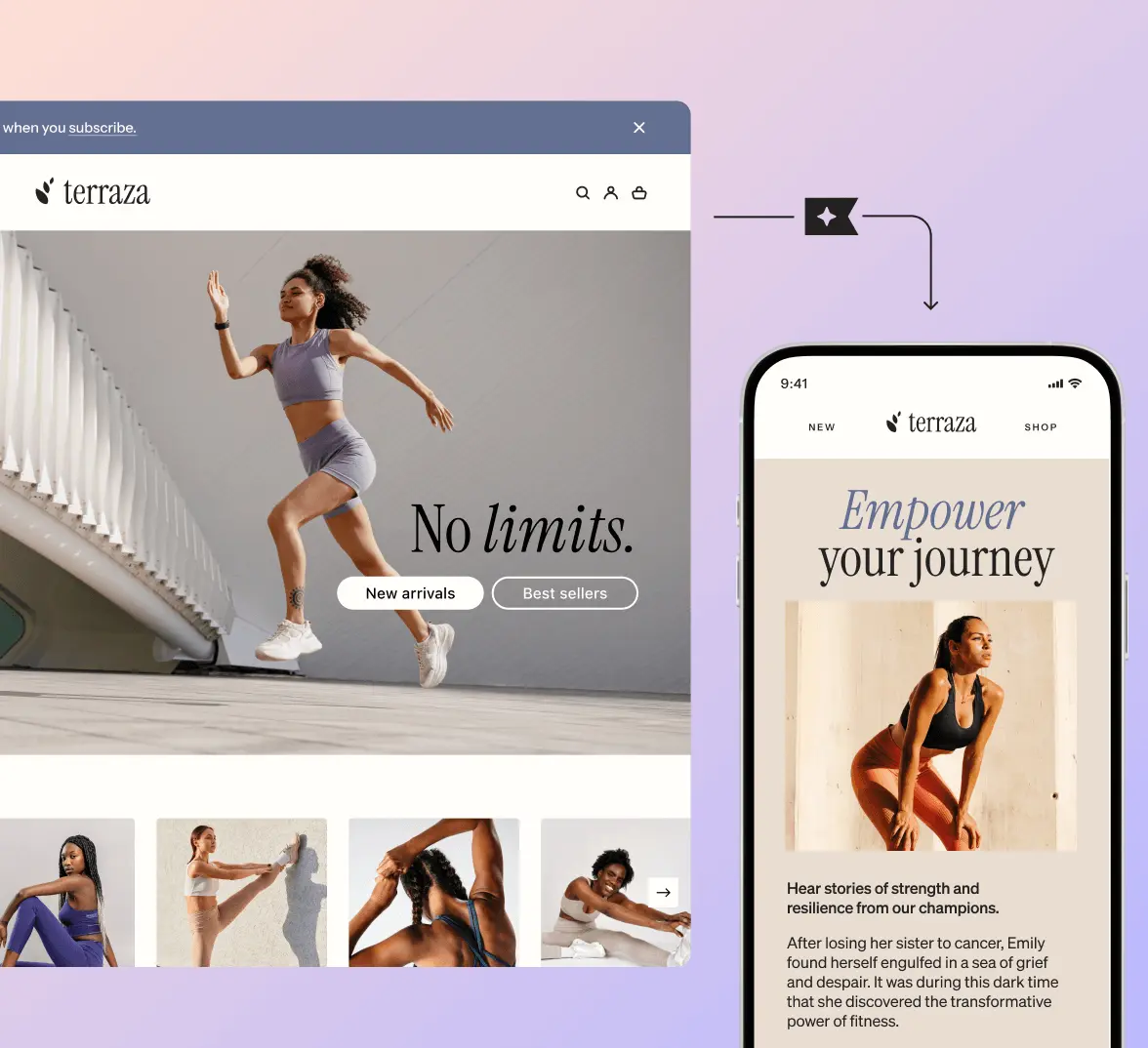 Web and mobile screens of "Terraza" brand. Left: Woman running with text "No limits." Right: Text "Empower your journey" with a woman in athletic wear.