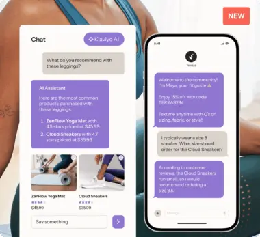 Chat interface showing Klaviyo AI recommending products like ZenFlow Yoga Mat and Cloud Sneakers. A mobile screen displays a conversation about sizing advice for sneakers.