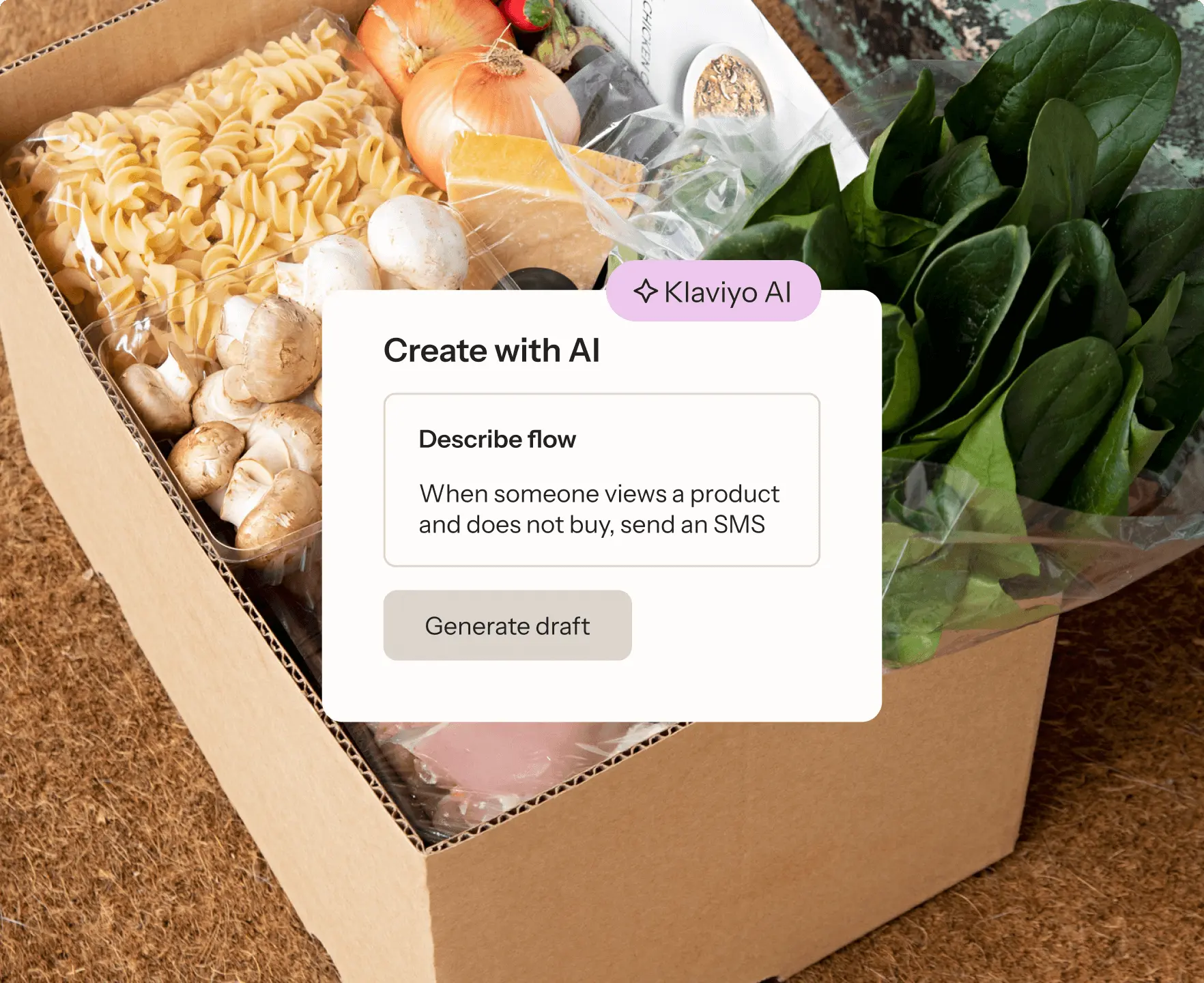 Box of groceries with pasta, mushrooms, onions, and spinach. Overlay of Klaviyo AI interface for creating SMS marketing flow.